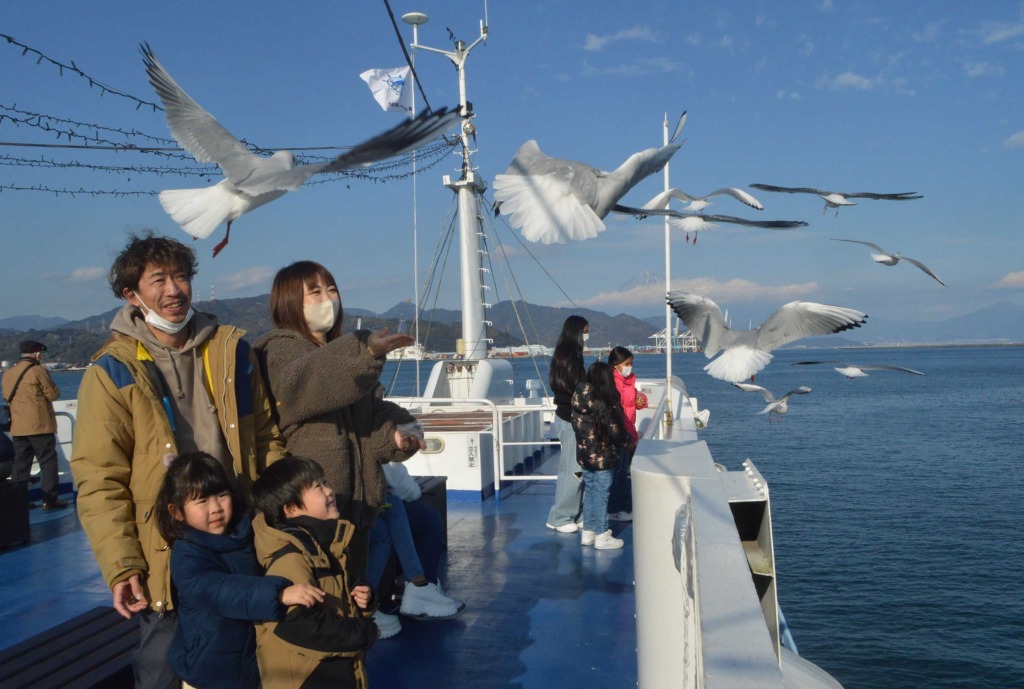 船上からカモメの餌やりを楽しむ親子連れ＝清水港